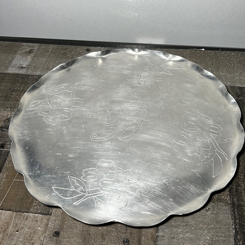 Vintage Aluminum Light Weight Round Tray Etched B & Floral Design